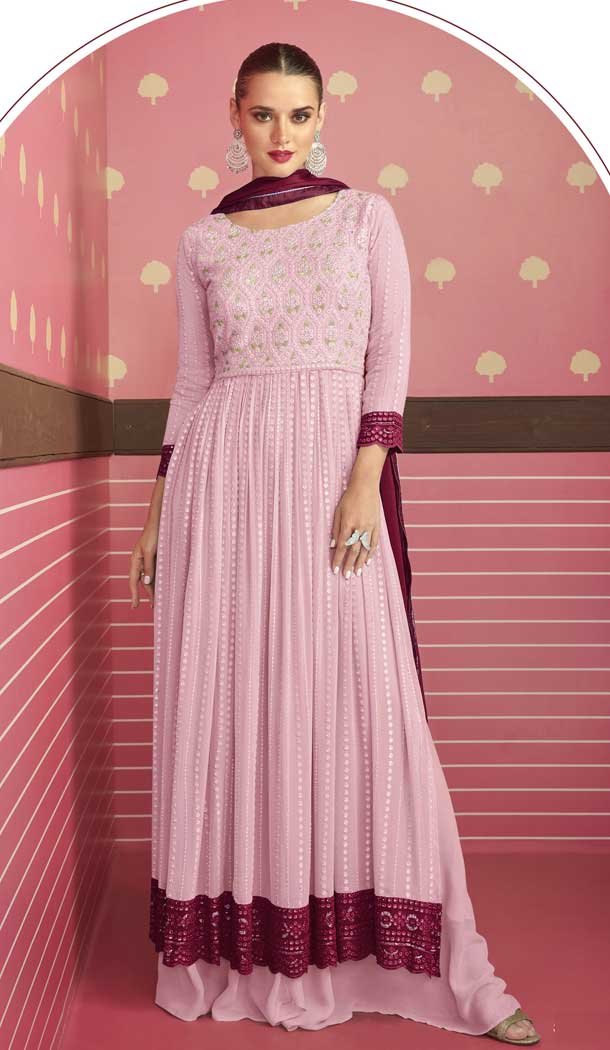 Pink Color Fox Georgette Resham Work Party Wear Palazzo Salwar Kameez -5713164113
