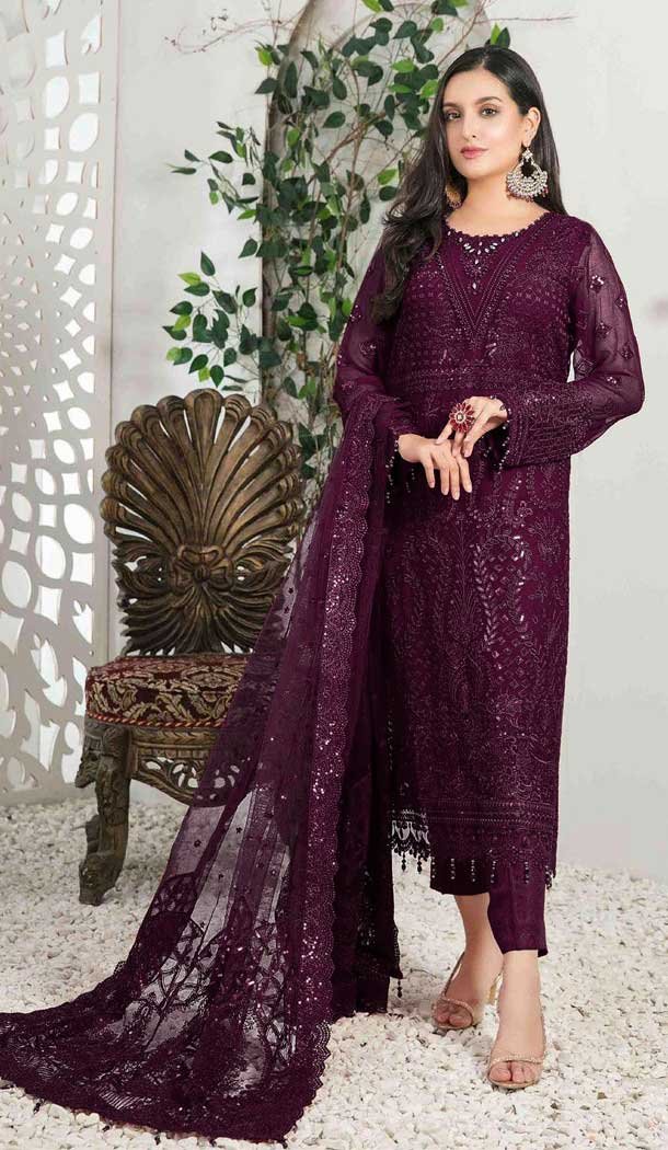 Festival Wear Wine Color Fox Georgette Embroidery Pakistani Salwar Kameez -5715164128