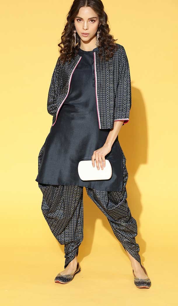Black Color Chinon Printed Work Readymade Kurti With Dhoti And Jacket -5731164201