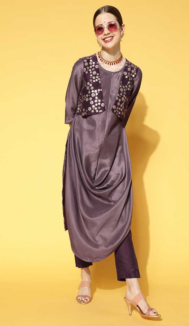 Purple Color Chinon Printed Work Readymade Kurti With Dhoti And Jacket -5731164202