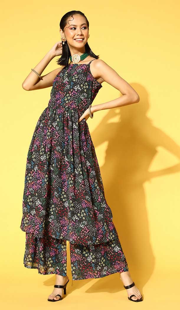 Black Color Georgette Digital Print Work Readymade Kurti with Bottom -5751164371