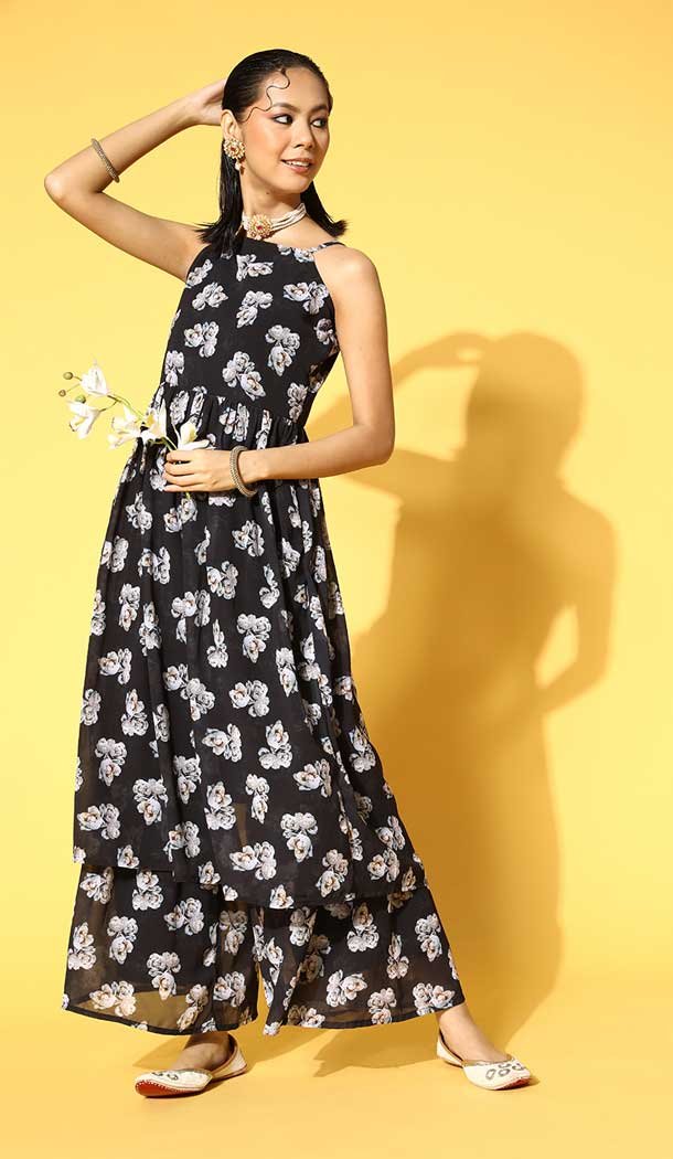 Black Color Floral And Digital Print Work Georgette Readymade Kurti with Bottom -5751164373