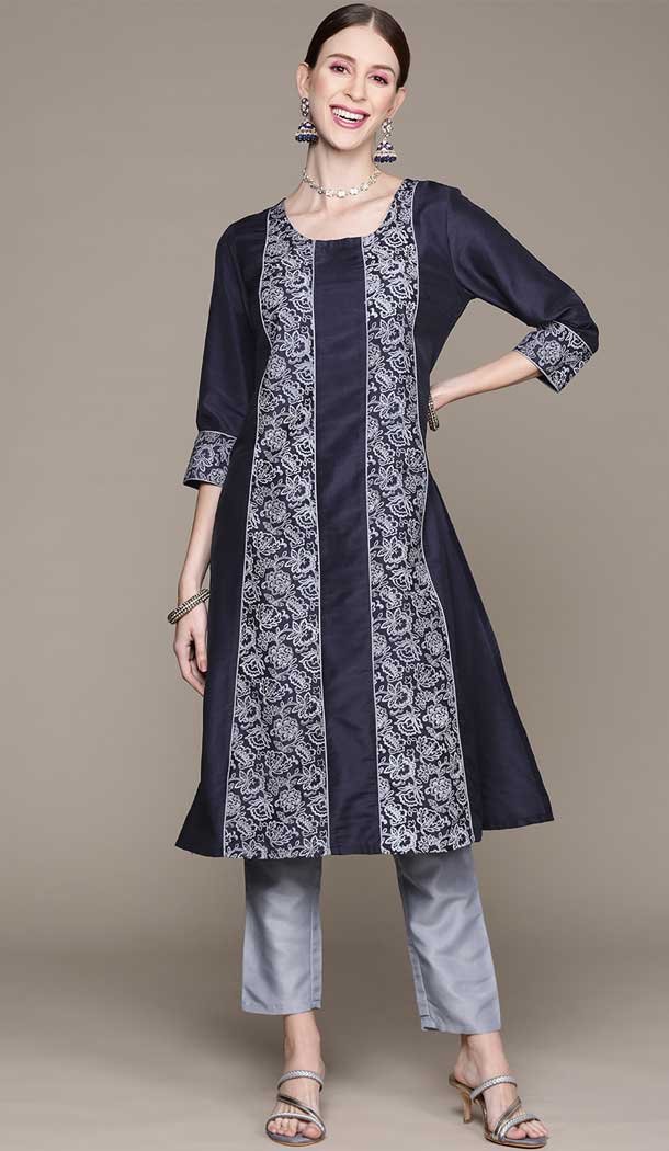 Navy Blue Color Chinon Floral Print Work Casual Wear Kurti And Pant -5752164375