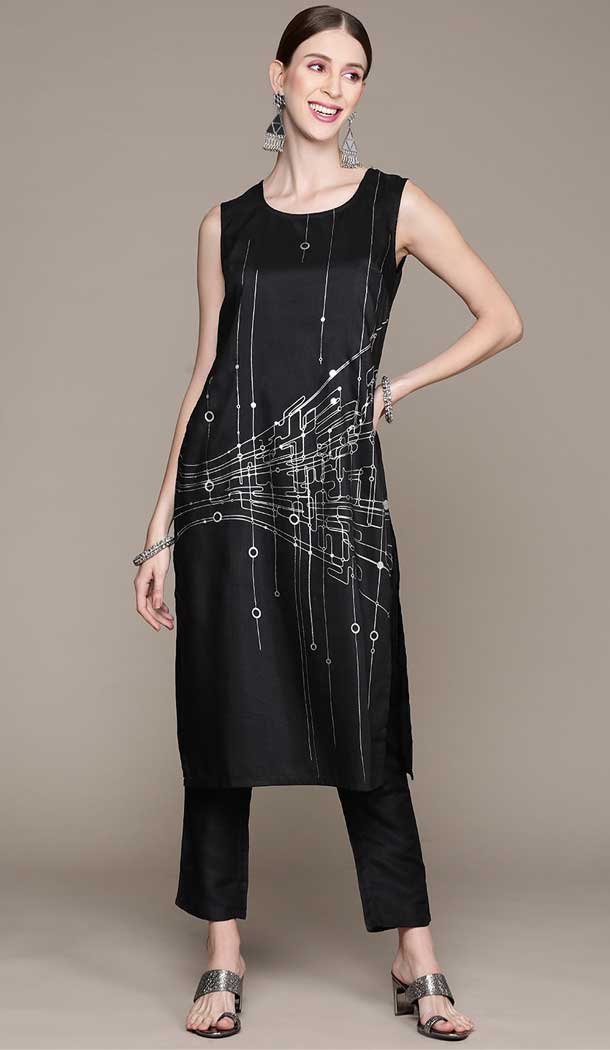 Black Color Chinon Foil Print Work Casual Wear Kurti And Pant -5752164378