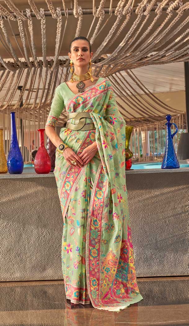 Pista Color Kashmiri Handloom Weaving Resham Work Festival Wear Saree -5761164442