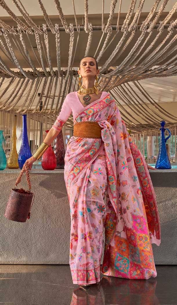 Light Pink Color Kashmiri Handloom Weaving Resham Work Festival Wear Saree -5761164444