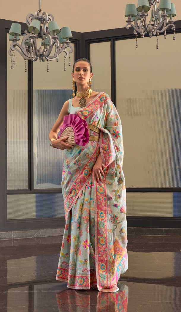 Sky Blue Color Kashmiri Handloom Weaving Resham Work Festival Wear Saree -5761164448