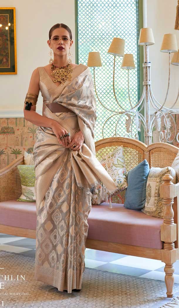 Light Grey Color Weaving Silk Zari Work Party Wear Designer Saree -5762164449