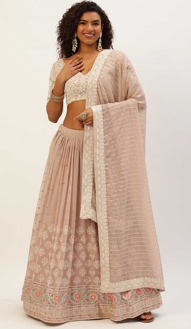 Peach Color Georgette Embroidery Work Designer Wear Lehenga Choli -5771164509