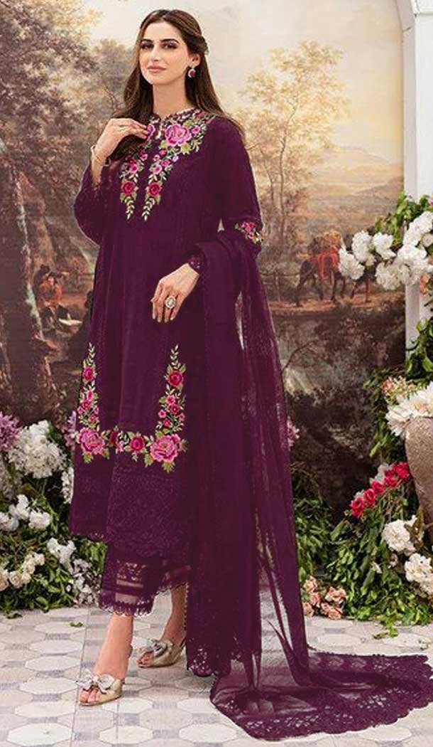 Wine Color Fox Georgette Embroidery Work Pakistani Style Palazzo Salwar Suit -5799164690