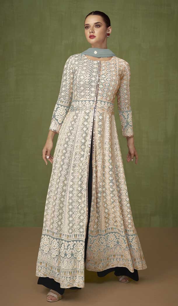 Grey Color Fox Georgette Sequins Work Anarkali Style Palazzo Salwar Suit -5800164695
