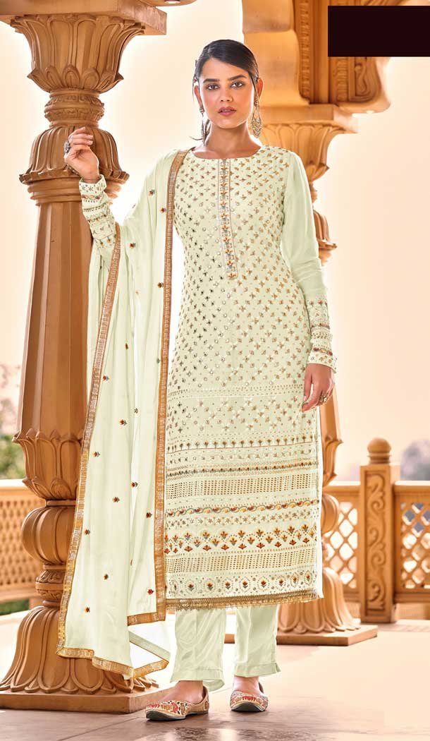 Cream Color Sequins Work Faux Georgette Pakistani Style Salwar Kameez -5833164926