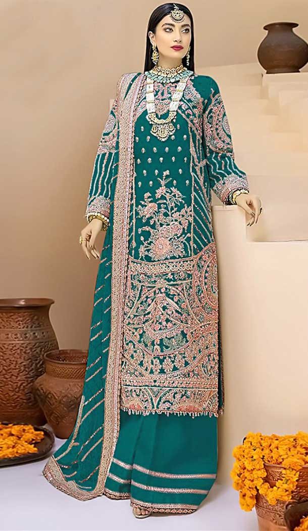 Teal Green Color Faux Georgette Embroidery Work Pakistani Style Women Palazzo Suit -5841164997