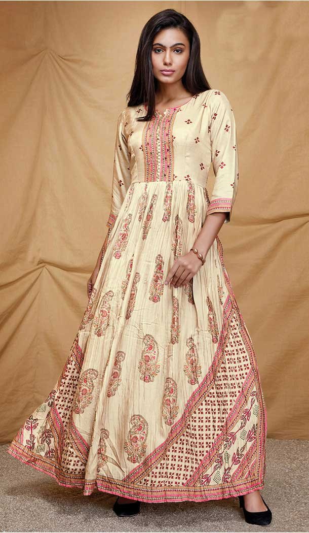 Off White Dola Silk Color Digital Print Work Party Wear Readymade Gown -5851165050