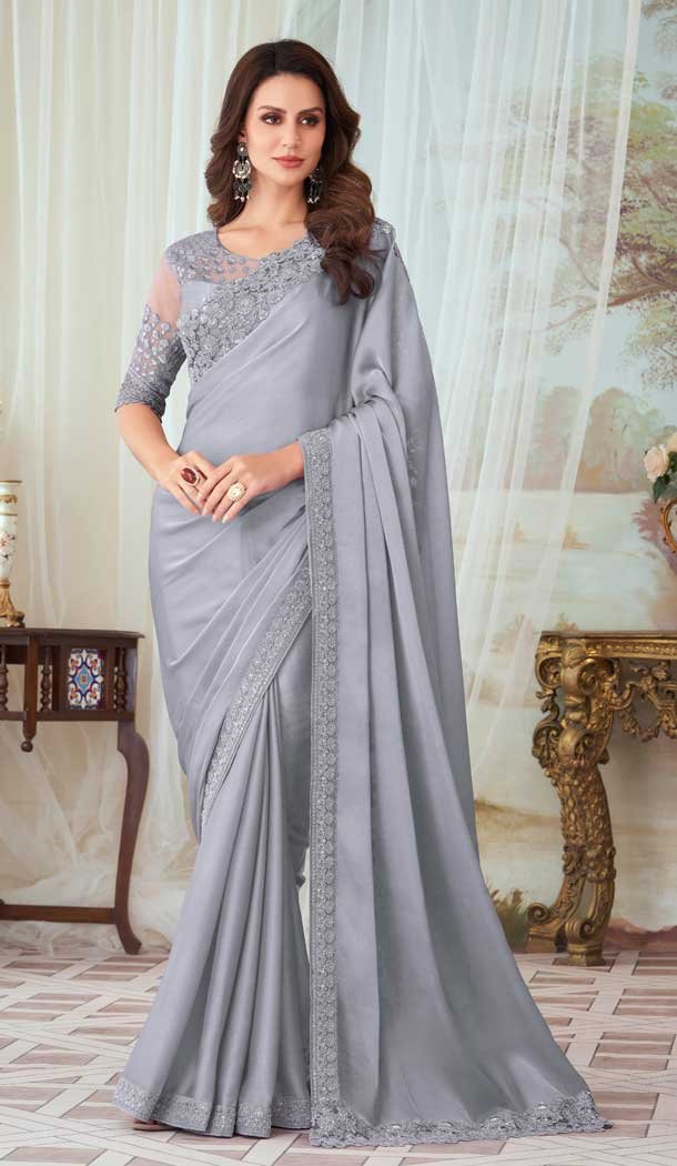 Grey Color Glorious Silk Resham Work Party Wear Designer Saree -5852165057
