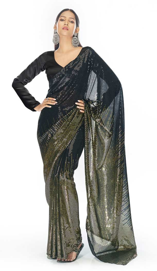 Georgette Black And Green Color Sequence Work Party Wear Designer Saree -5857165077