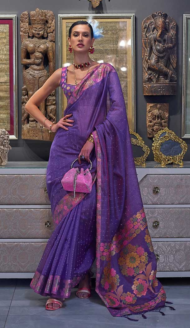 Purple Color Weaving Organza Resham Work Party Wear Designer Saree -5871165214
