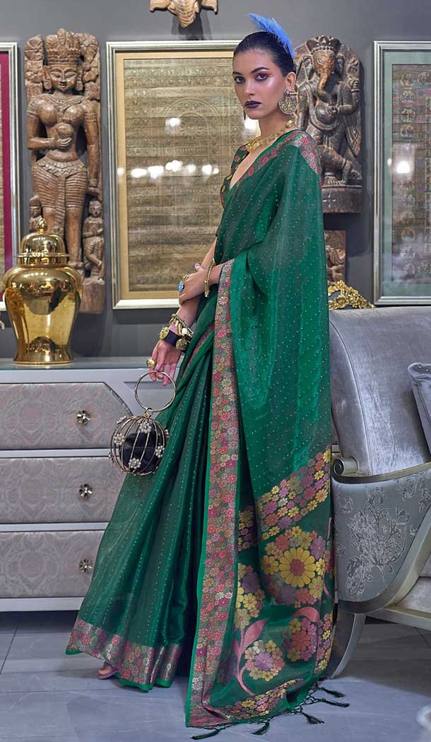 Green Color Weaving Organza Resham Work Party Wear Designer Saree -5871165216