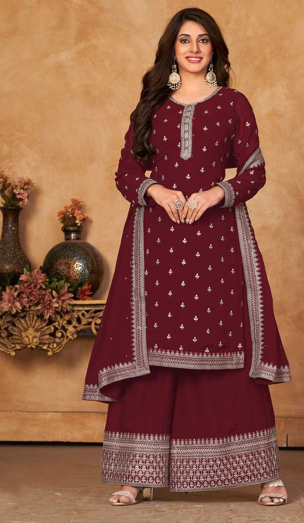 Maroon Color Fox Georgette Embroidery Work Pakistani Style Palazzo Suit -5872165224