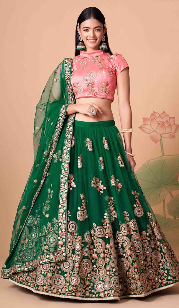 Green Color Soft Net Embroidery Work Function Wear Lehenga Choli - 5877165255
