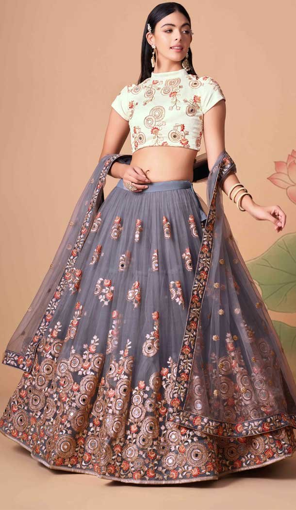 Grey Color Soft Net Embroidery Work Function Wear Lehenga Choli - 5877165260