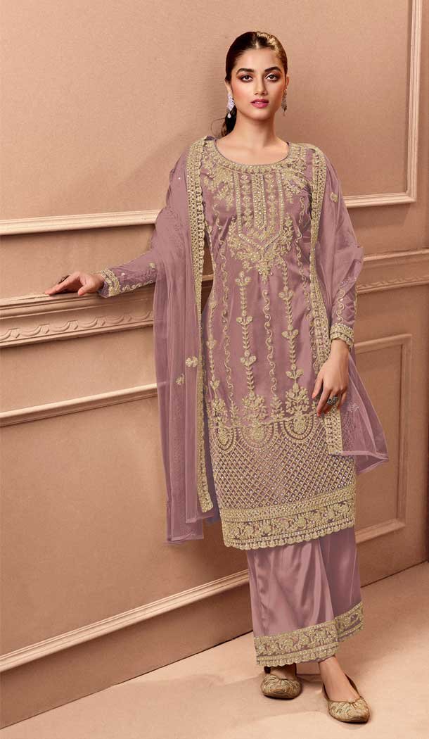 Festival Wear Purple Color Net Resham Work Pakistani Style Palazzo Suit -5882165279