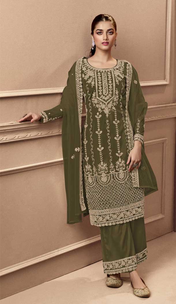 Festival Wear Mehendi Green Color Net Resham Work Pakistani Style Palazzo Suit -5882165281