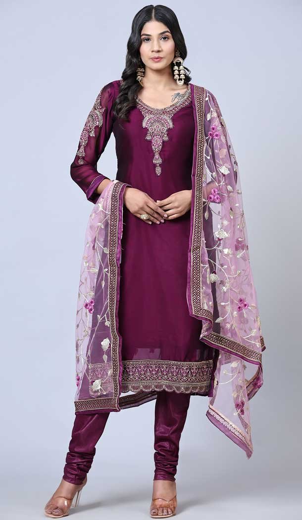 Violet Color Satin Georgette Embroidery Work Party Wear Salwar Suit -5883165283