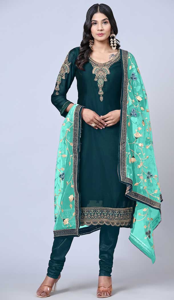 Teal Blue Color Satin Georgette Embroidery Work Party Wear Salwar Suit -5883165286
