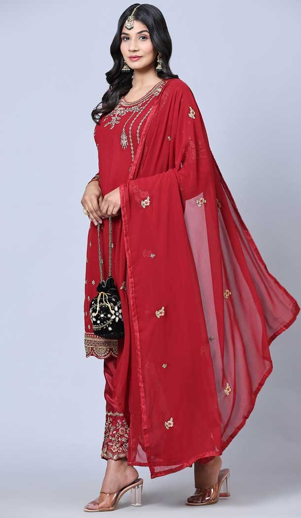 Maroon Color Georgette Embroidery Work Festival Wear Salwar Kameez -5884165296