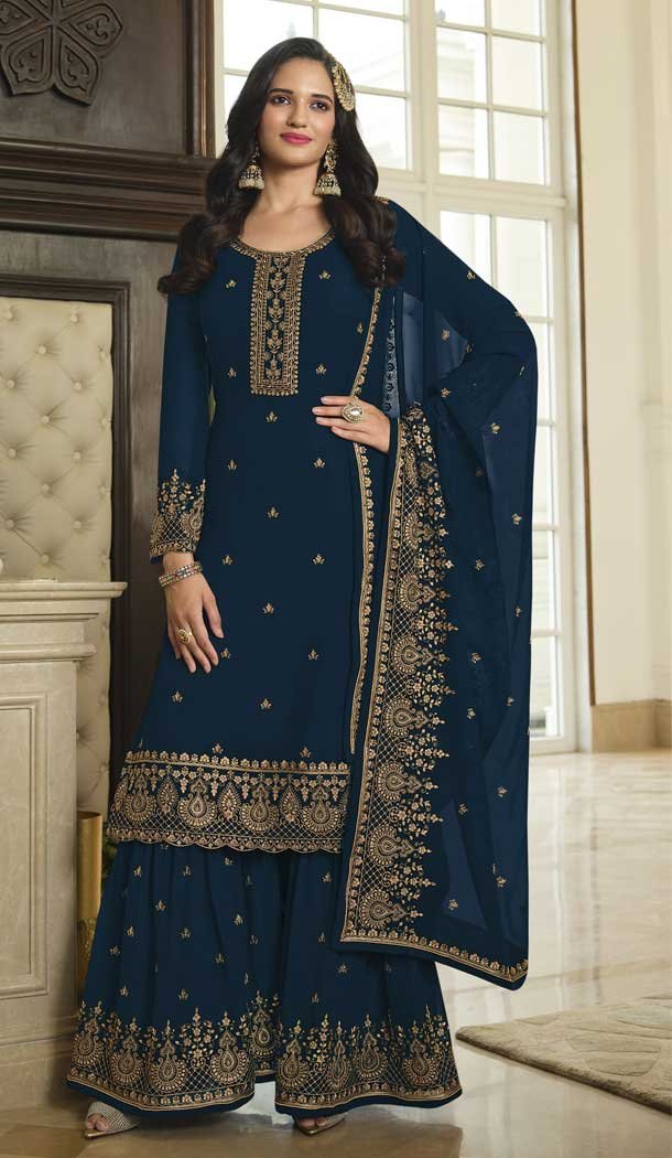 Festival Wear Navy Blue Color Faux Georgette Resham Work Pakistani Palazzo Suit -5913165470