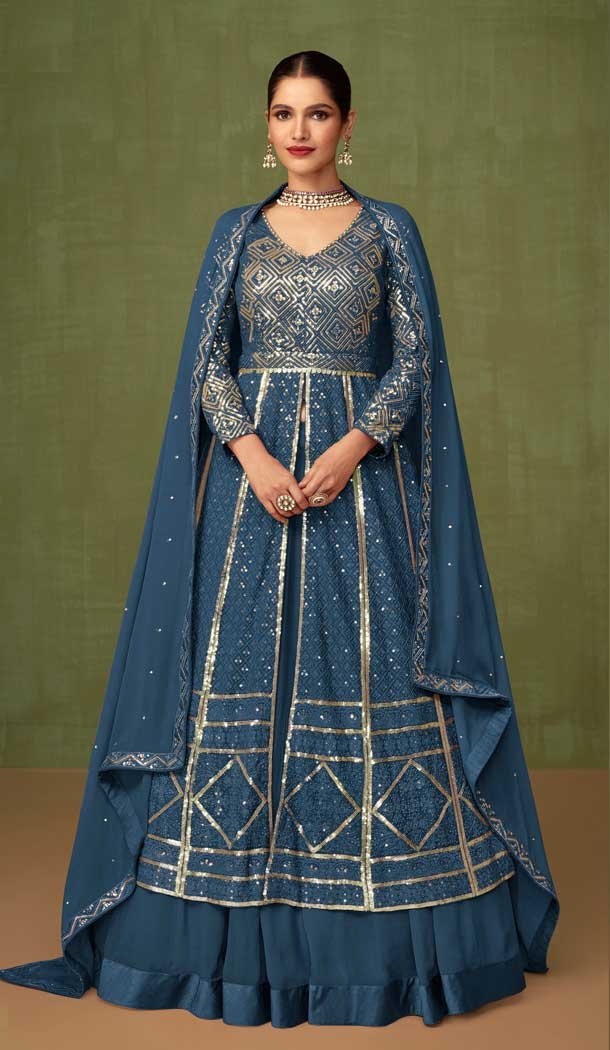 Blue Color Faux Georgette Resham Work Party Wear Designer Salwar Suit -5934165628