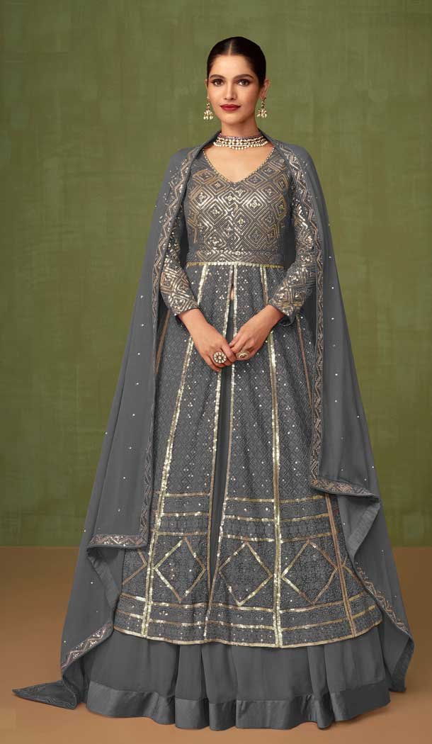 Grey Color Faux Georgette Resham Work Party Wear Designer Salwar Suit -5934165630