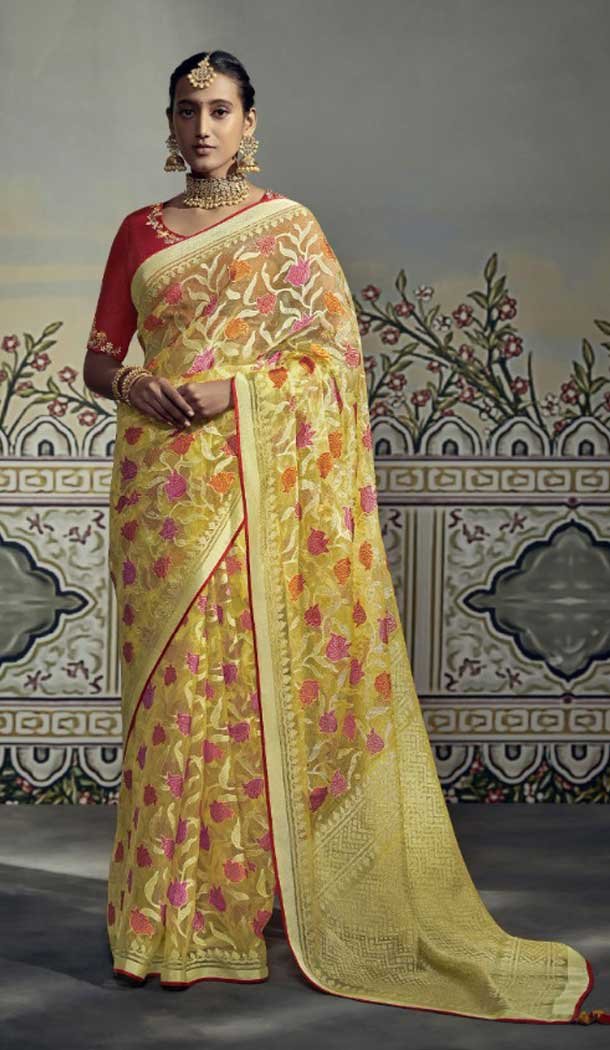 Yellow Color Brasso Embroidery Work Festival Party Wear Saree -5969165983