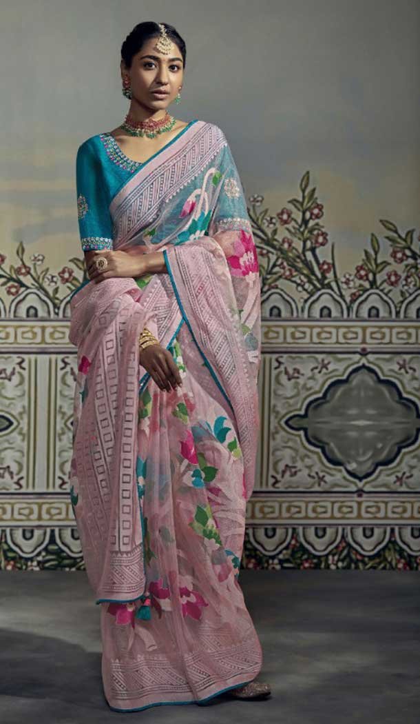 Baby Pink Color Brasso Embroidery Work Festival Party Wear Saree -5969165984