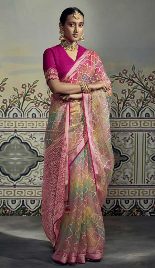 Embroidery Work Multi Color Brasso Festival Wear Designer Saree -5969165985