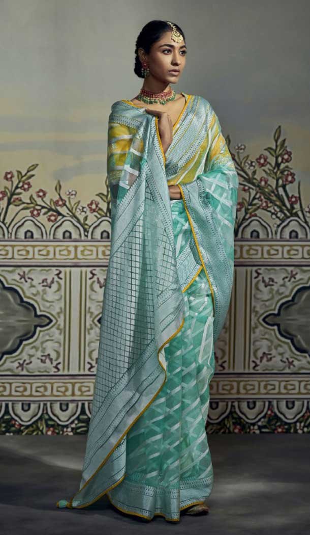 Turquoise Color Brasso Embroidery Work Festival Party Wear Saree -5969165986
