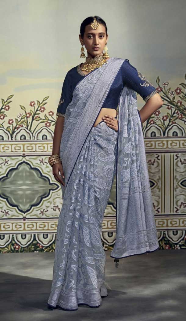 Blue Color Brasso Embroidery Work Festival Party Wear Saree -5969165987