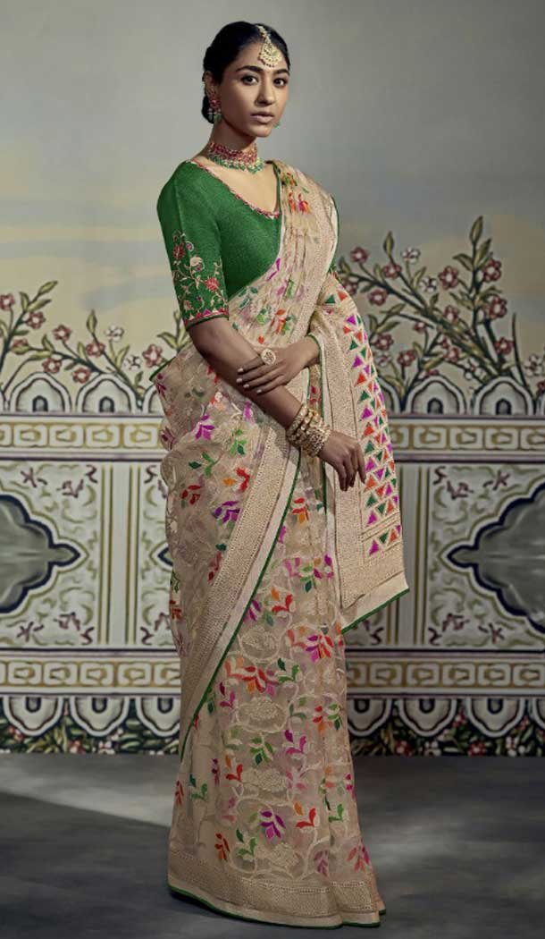 Cream Color Brasso Embroidery Work Festival Party Wear Saree -5969165990