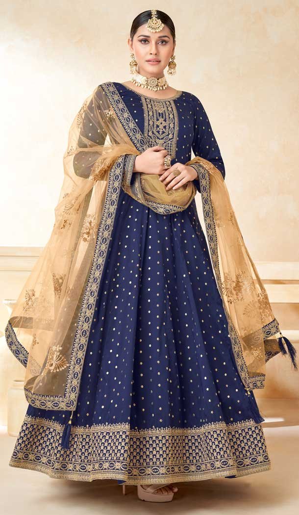 Navy Blue Color Taffeta Butti Embroidery Work Anarkali Style Salwar Suit -5972166009