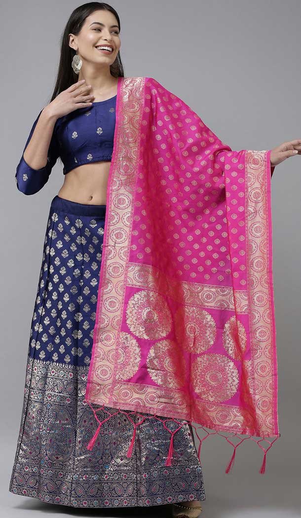 Navy Blue Color Banarasi Silk Jacquard Weaving Work Traditional Wear Lehenga Choli -5976166028