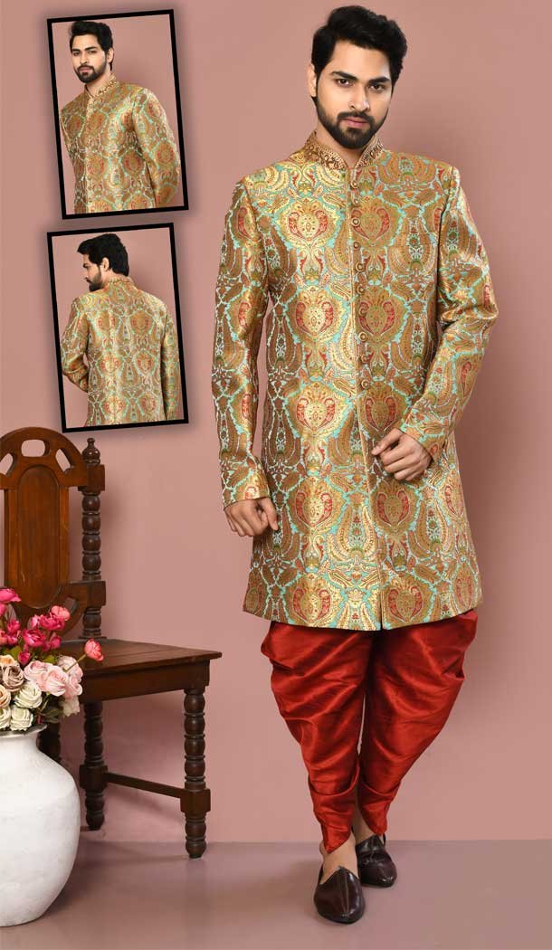 Pista Color Banarasi Silk Stone And Zari Work Wedding Wear Designer Men's Sherwani -6018166378