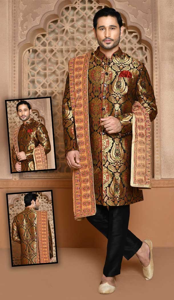 Black Color Banarasi Silk Resham And Zari Work Wedding Wear Designer Men's Sherwani -6018166401