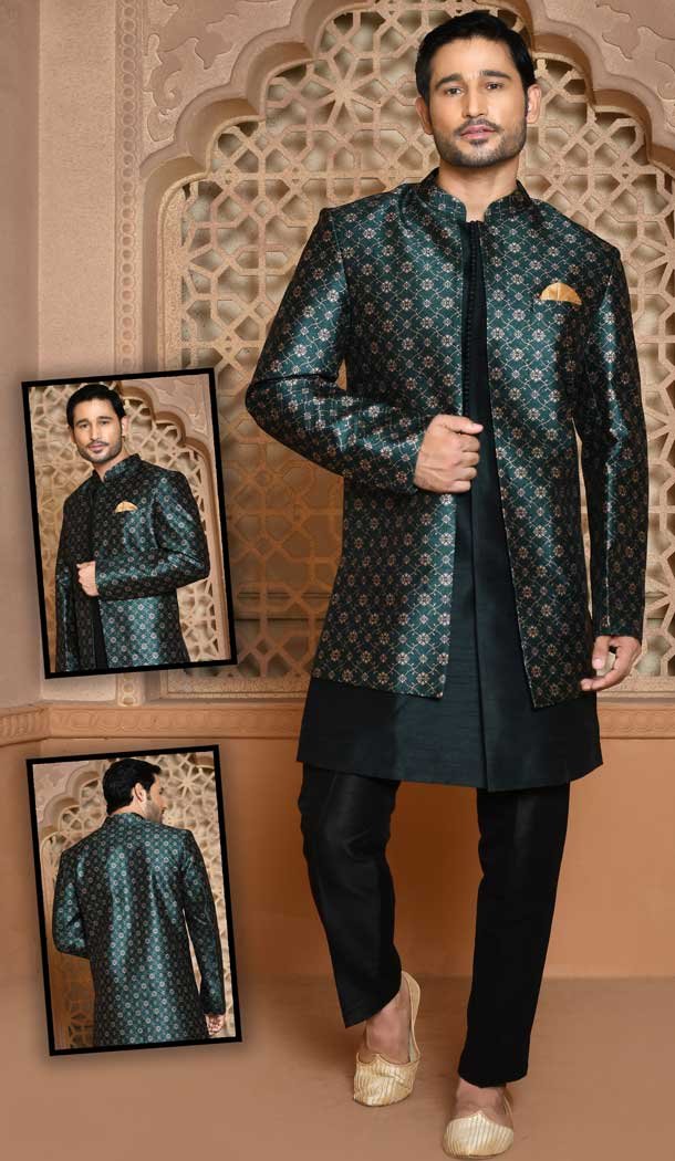 Rama Color Banarasi Silk Self Work Wedding Wear Men's Designer Sherwani -6019166402