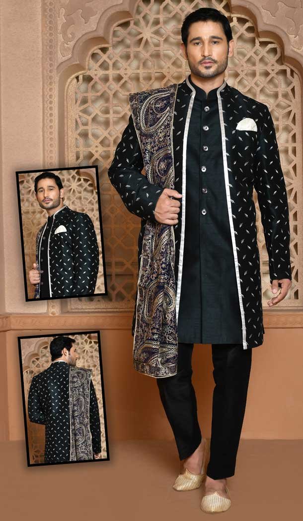 Rama Color Banarasi Silk Resham And Self Work Wedding Wear Men's Designer Sherwani -6019166404