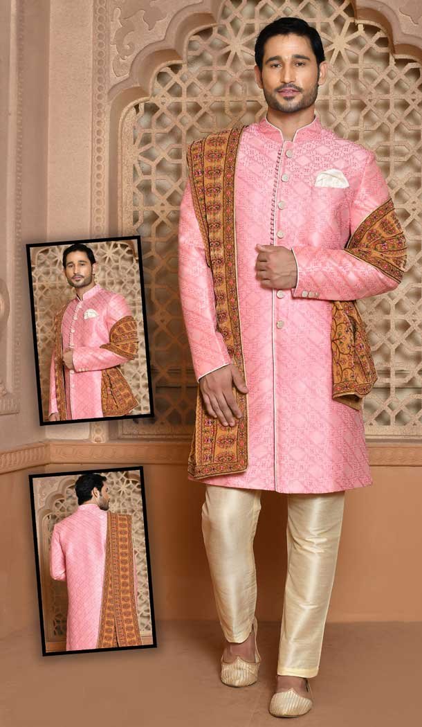 Pink Color Banarasi Silk Resham And Self Work Wedding Wear Men's Designer Sherwani -6019166408