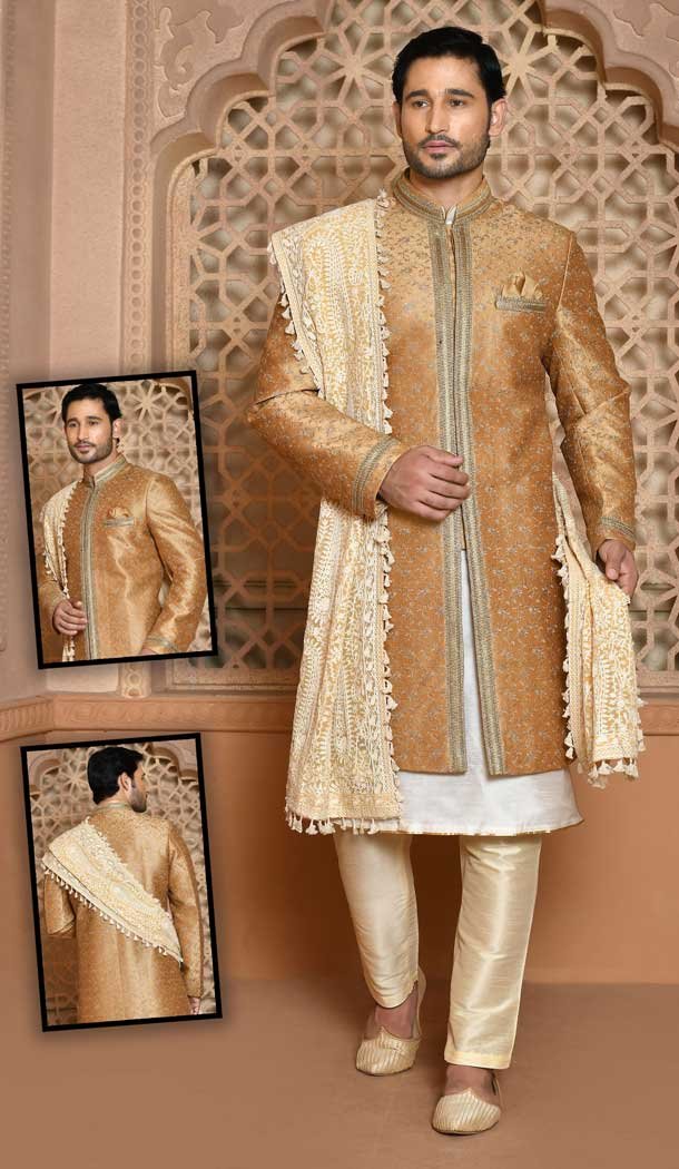 Chiku Color Banarasi Silk Self Work Wedding Wear Men's Designer Sherwani -6019166414