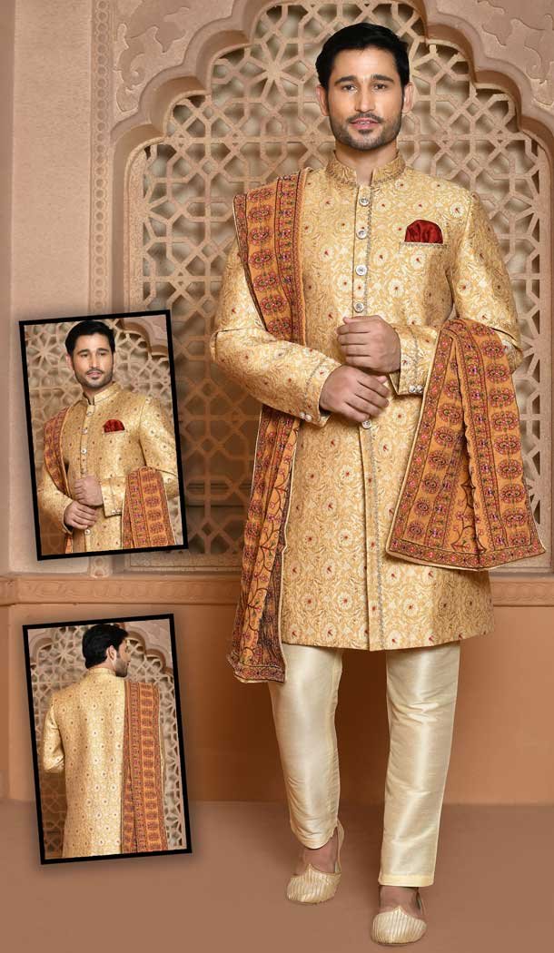 Beige Color Banarasi Silk Self Work Wedding Wear Men's Designer Sherwani -6019166420
