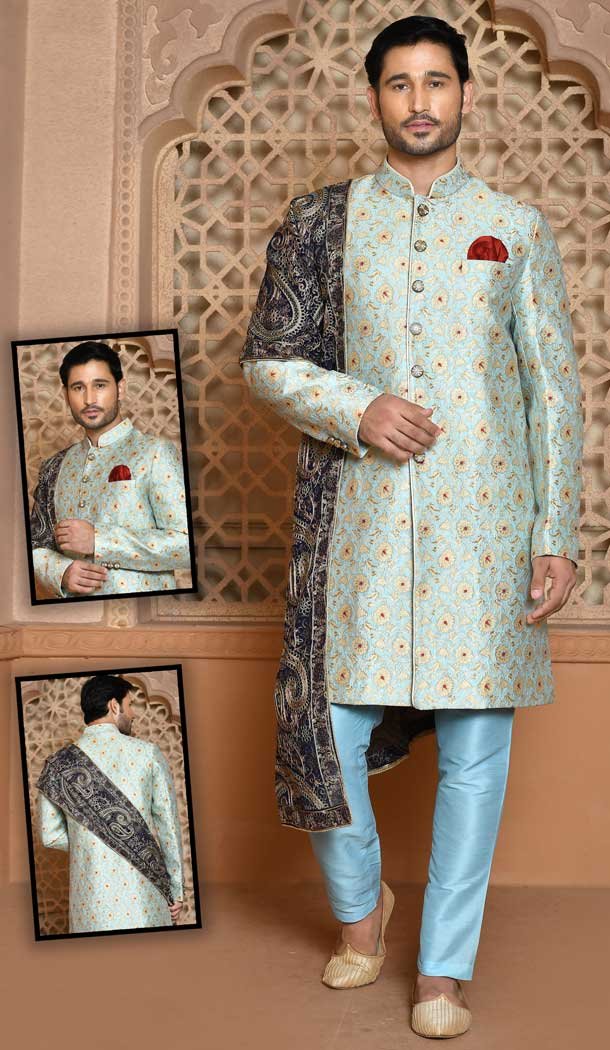 Sky Blue Color Banarasi Silk Self And Woven Work Wedding Wear Men's Designer Sherwani -6019166423