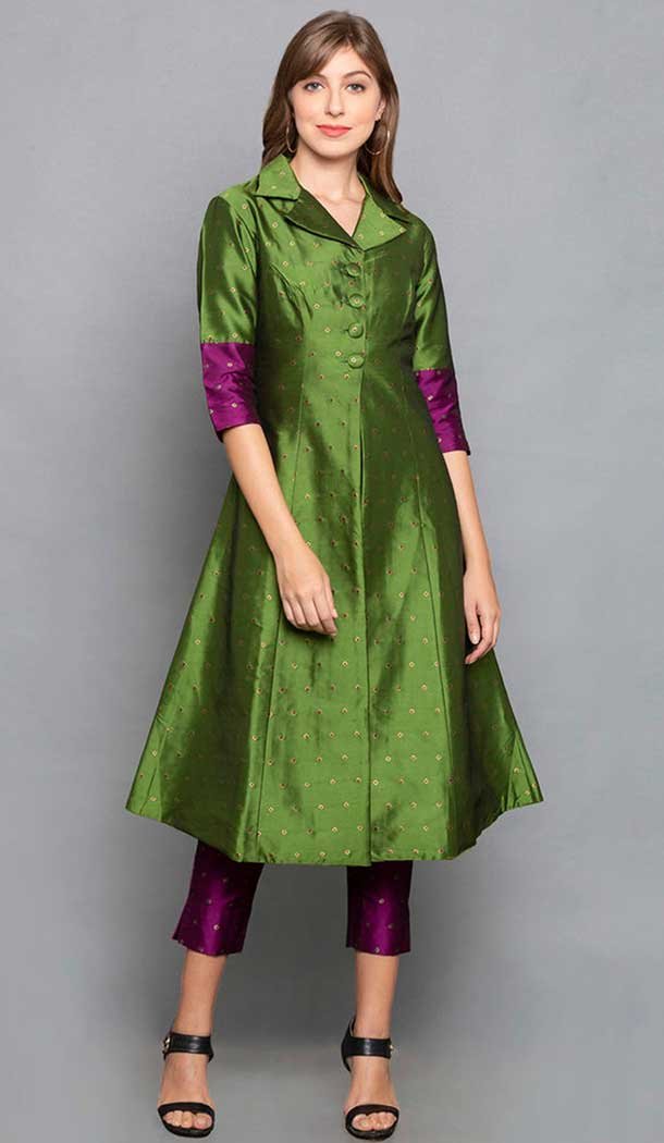 Art Silk Green Color Woven Work Party Wear Designer Readymade Kurti -6025166458